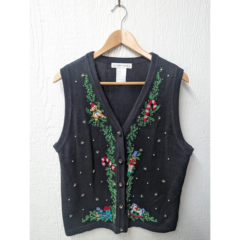 Victoria Jones Embroidered Christmas Vest Teddy Bear Tree Candy Cane Size Large